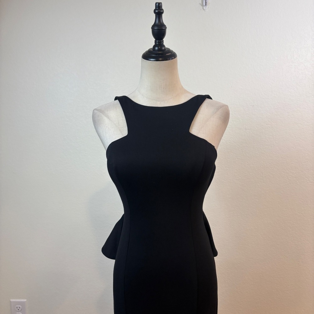 XSCAPE Gown Women 4 Black Open Back Ruffle Peplum Cutout Maxi Train minimalist - Picture 3 of 11